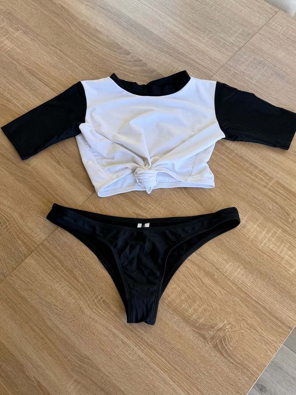 Fashion Nova Black and White Colorblock Front Tie Bikini Set